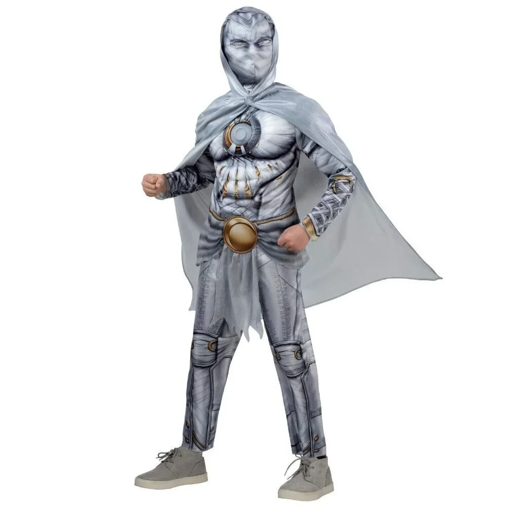 NEW Moon Knight Halloween Costume Boys Small 6/7 Jumpsuit Cape Mask LIGHTS UP